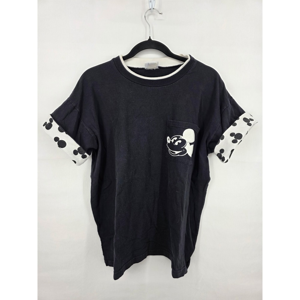 Vintage Disney Store Mickey Mouse Pocket T-Shirt Black White Polka Dot Cuffs M